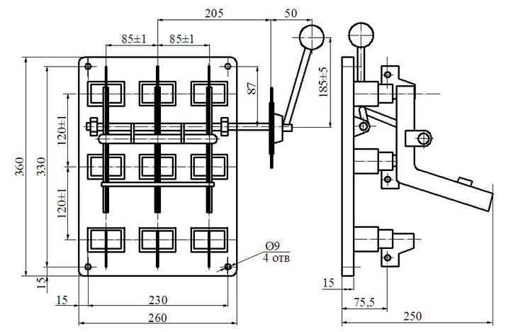 Размеры переключателей ПЦ-2 250А с боковой рукояткой
