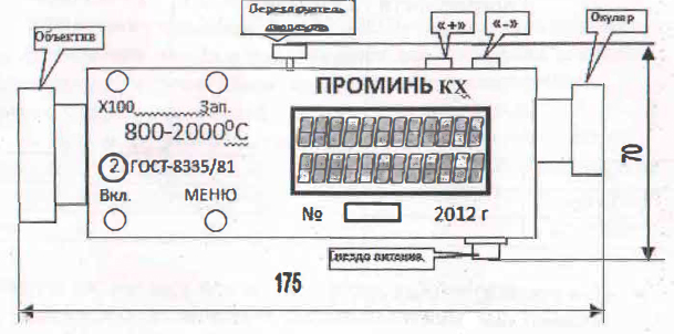 Габаритные размеры переносного пирометра Проминь-КХ2 и расположение органов управления