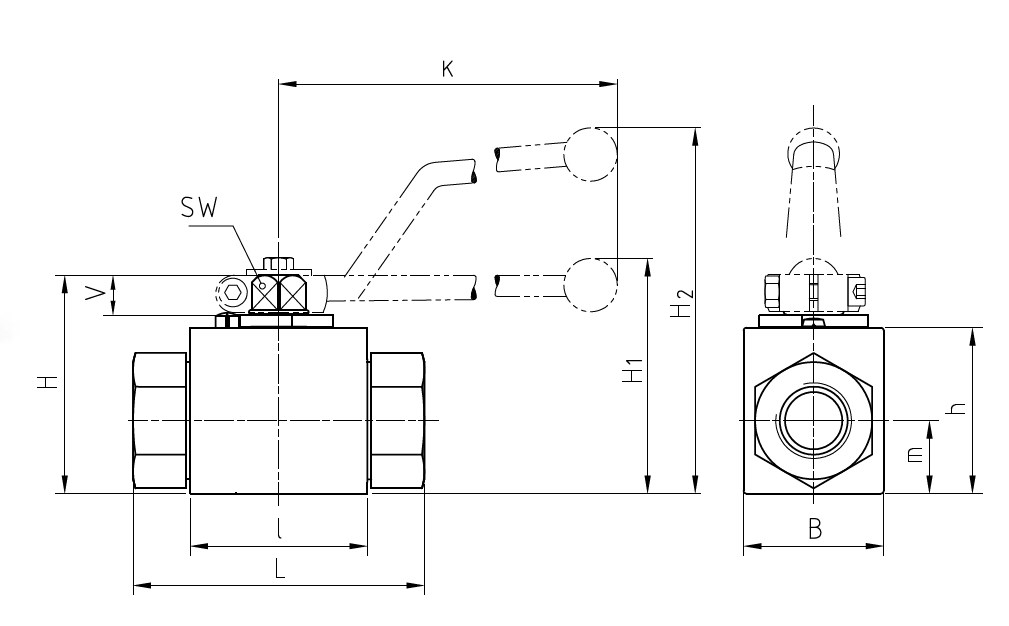 Схема габаритных размеров крана BKH-G12 DN 13 PN500 с отв. MHA