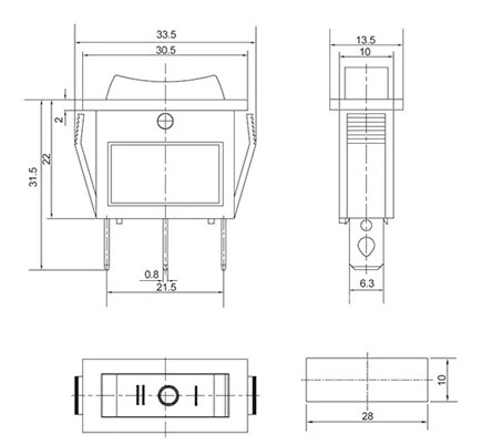 Схема габаритных размеров переключателя KCD3-103 B/B