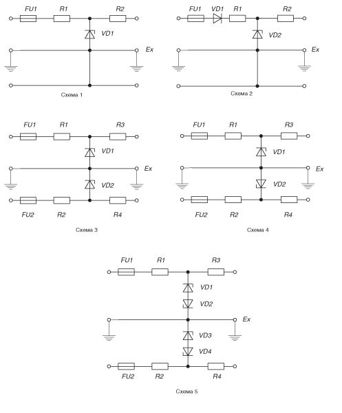 Примеры принципиальных электрических схем барьеров искрозащиты типа БИЗ