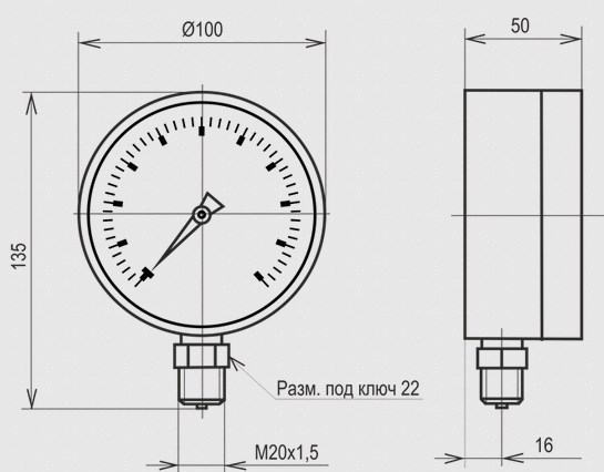 Габаритные и установочные размеры Манометра МТ-3У глицериновый
